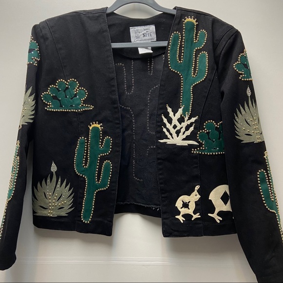 Hand Crafted Jackets & Blazers - Vintage Denim Jacket Handmade Cactus Southwestern